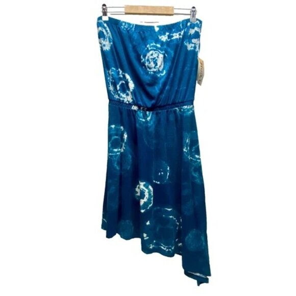Mudd Asyemetrical Hem Dress Juniors Medium Blue Tie Dye Strapless Halter NWT - Picture 1 of 10